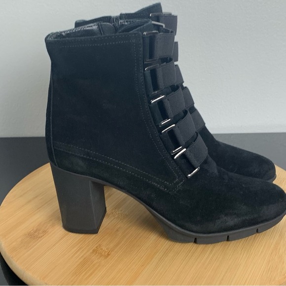 The Flexx - Strap Tease Waterproof Suede Block Heel Booties in Black Size US 6 - Picture 7 of 15